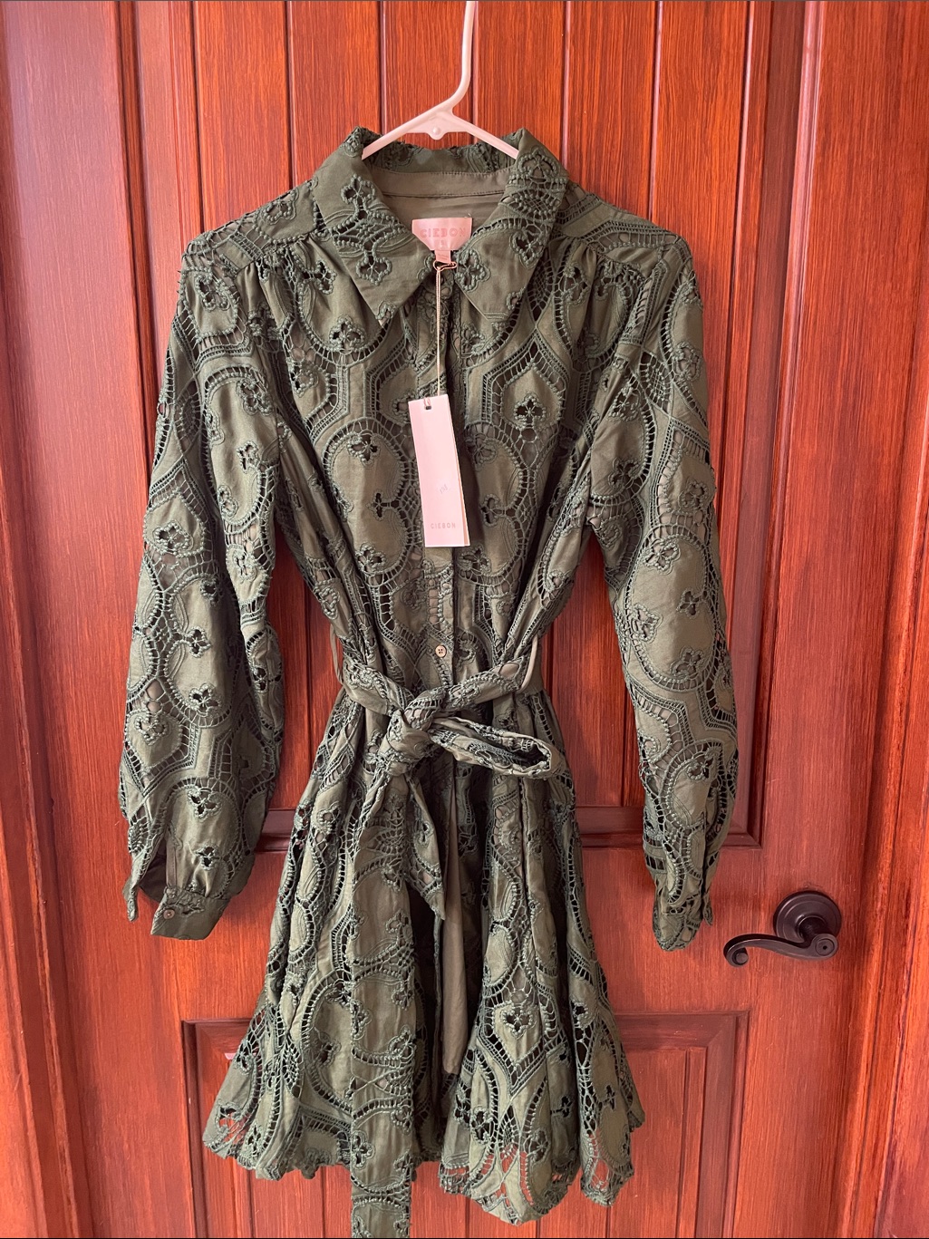 Kelly Green Lace Button-Front Long Sleeve Dress With Tie Waist